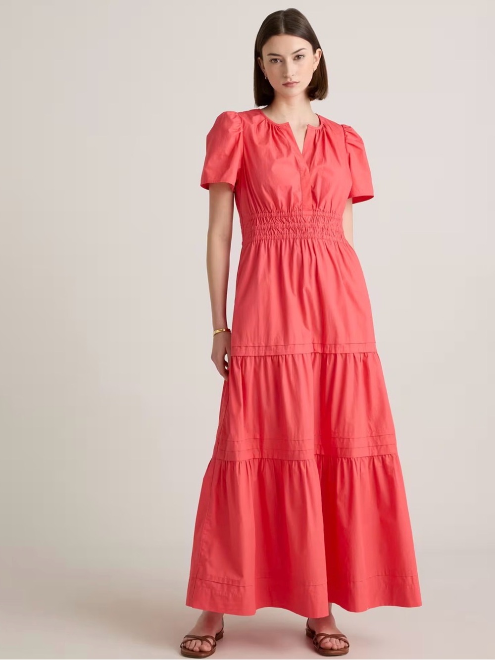 Quince 100% Organic Cotton Poplin Tiered Maxi Dress in Spiced Coral